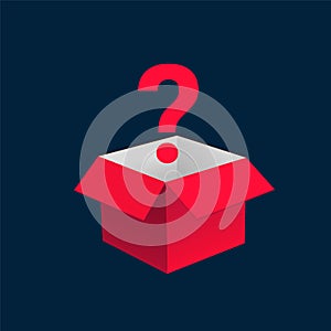 Mystery contest red box, lucky prize present surprise secret. Mystery box gift question icon.