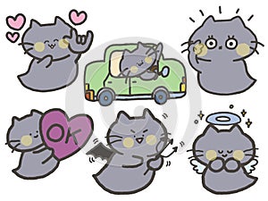 Mystery Cute Cat gray color cartoon drawing illustration doodle elements isolated character for sticker, emotion digital clipart