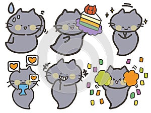 Mystery Cute Cat gray color cartoon drawing illustration doodle elements isolated character for sticker, emotion digital clipart