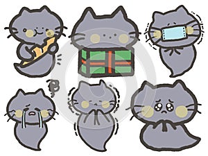 Mystery Cute Cat gray color cartoon drawing illustration doodle elements isolated character for sticker, emotion digital clipart