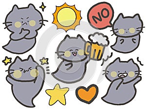 Mystery Cute Cat gray color cartoon drawing illustration doodle elements isolated character for sticker, emotion digital clipart