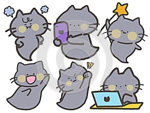 Mystery Cute Cat gray color cartoon drawing illustration doodle elements isolated character for sticker, emotion digital clipart