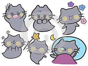 Mystery Cute Cat gray color cartoon drawing illustration doodle elements isolated character for sticker, emotion digital clipart