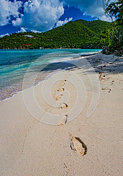 Mystery footprints in the sand in Hawksnest beach on the island of St. John