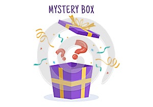 Mystery Gift Box with Cardboard Box Open Inside with a Question Mark, Lucky Gift or Other Surprise in Flat Illustration