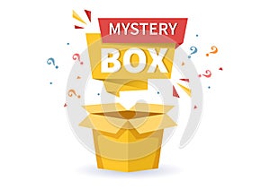 Mystery Gift Box with Cardboard Box Open Inside with a Question Mark, Lucky Gift or Other Surprise in Flat Illustration