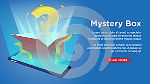 Mystery gift box come out from mobile phone. msartphone with copy space custom web page template vector illustration