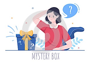 Mystery Gift Box and Confused Woman a Cardboard Box Open Inside with a Question Mark, Lucky Gift or Other Surprise in Illustration