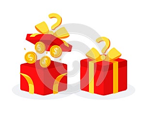 Mystery Gift Surprise Present Box. Present secret surprise. Bonuses or financial rewards. Vector illustration