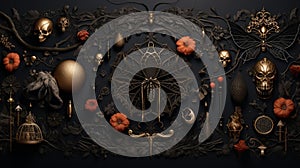 a Mystery Halloween background with pumpkins spiderwebs skeletons, and spiders on a black background, AI generated