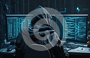 Mystery male hoodie hacker wearing black mask sitting with computers on the table. anonymous social masking.
