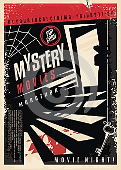 Mystery movies cinema poster design with strange silhouette looking through the basement door