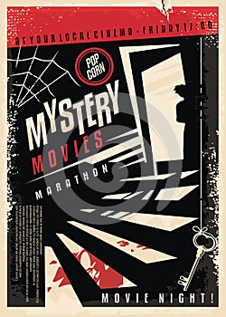 Mystery movies cinema poster design with strange silhouette looking through the basement door photo