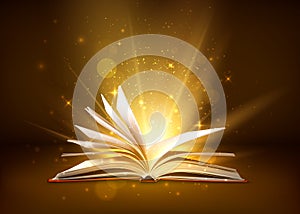 Mystery open book with shining pages. Fantasy book with magic light sparkles and stars. Vector illustration