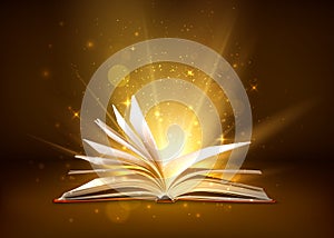 Il segreto libro aperto brillante pagine. fantasia un libro la luce scintille un stelle. vettore illustrazioni 