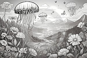 mystery scene with jellyfish, butterflies and flowers.