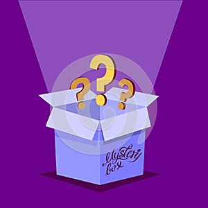 Mystery Secret boxes. Cardboard open box with Question mark. Holiday surprise box