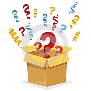 Mystery Secret boxes. Cardboard open box with Question mark. Holiday surprise box isolated on white.