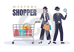 Mystery Shopper with Bags in Sunglasses, Magnifier, Spy Coats and Hats in Flat Cartoon Style Illustration