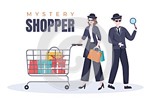 Mystery Shopper with Bags in Sunglasses, Magnifier, Spy Coats and Hats in Flat Cartoon Style Illustration photo