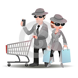 Mystery shopper man with shopping cart phone and woman bag in spy coat