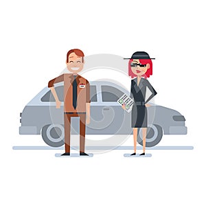 Mystery shopper woman in spy coat checks car dealer