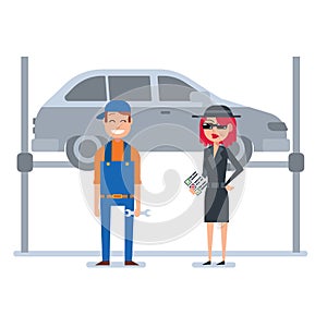 Mystery shopper woman in spy coat checks car mechanic