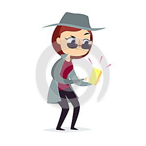 Mystery shopper woman in spy coat checks the goods