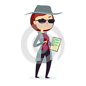 Mystery shopper woman in spy coat with pen and checklist