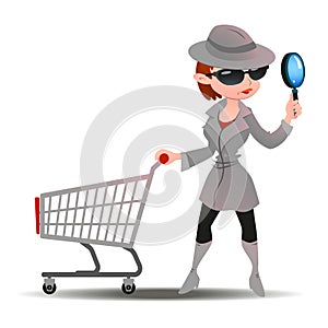 Mystery shopper woman in spy coat with shopping cart