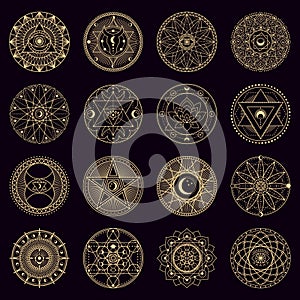 Mystery spell circle. Golden mystical alchemy witchcraft circular emblems, occult geometry signs, circle magical vector