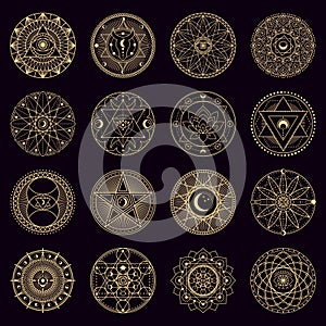 Mystery spell circle. Golden mystical alchemy witchcraft circular emblems, occult geometry signs, circle magical vector photo