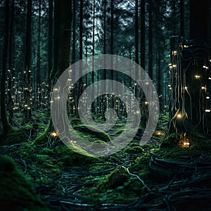 Mystery tech forest mystical tree trunk lights