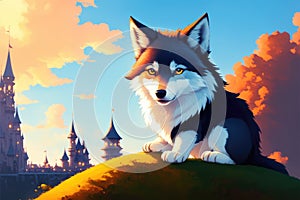 Mystery wolf in forest. Colorful magic wolf, cartoon style painting. Generative ai art illustration