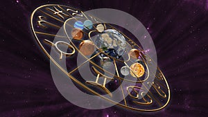 Mystic astrology zodiac horoscope symbol with twelve planets in cosmic scene. 3D rendering