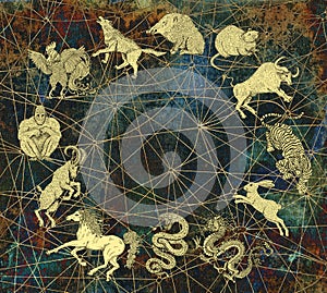 Mystic background with chinese zodiac animals and copyspace