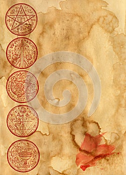 Mystic background with magic seals and copy space, blank on old paper texture manuscript