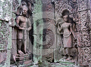 Mystic bas-relief on the walls of Cambodian ancient city Ankgor Wat