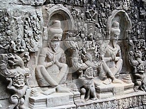 Mystic bas-relief on the walls of Cambodian ancient city Ankgor Wat