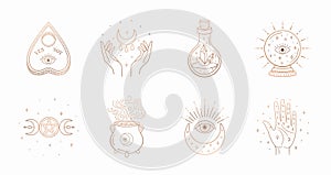 Mystic boho logo, design elements with moon, hands, star, eye, crystal bottle, ball future. Vector magic symbols