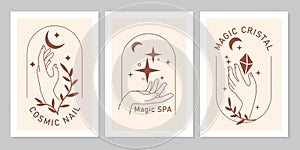 Mystic boho set of elegant female hands with moon, star, plant, gem in line art.