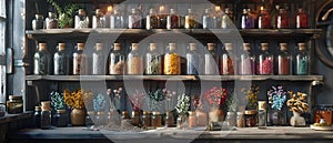 Mystic Brews and Herbal Essence: A Witch's Cabinet. Concept Witchcraft, Herbalism, Mystic Brews,