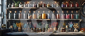 Mystic Brews and Herbal Essence: A Witch\'s Cabinet. Concept Witchcraft, Herbalism, Mystic Brews,