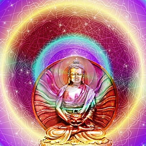 Mystic Buddha with artistic background in chakras colors