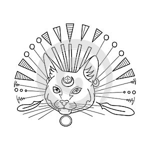 Mystic cat head with crescent moon esoteric symbol, wreath with feathers. Hand drawn magical witchy doodle element. Line art.