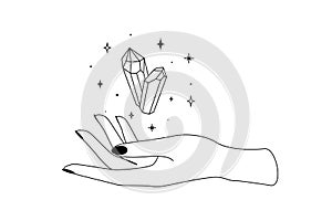 Mystic celestial crystal with constellation stars over woman hand outline silhouette. Vector illustration of Witch