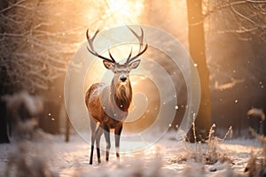 Mystic Christmas reindeer in wonderful winter forest. Stag among snowy trees on magical Christmas evening