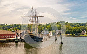 Mystic Seaport, outdoor recreated 19th century village and educational maritime museum in Mystic, Connecticut. Wooden vessel docks