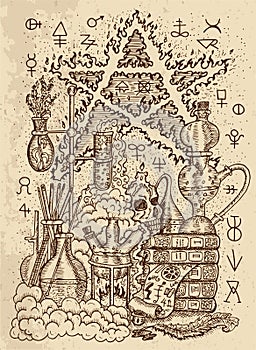 Mystic drawing with alchemical symbols, skull, fire pentagram and laboratory equipment on texture background