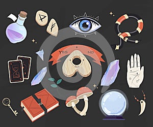 Mystic, esoteric and occult set  - planchette, book, palmistry hand, crystal ball, bottle potion and tarot flat vector isolated.